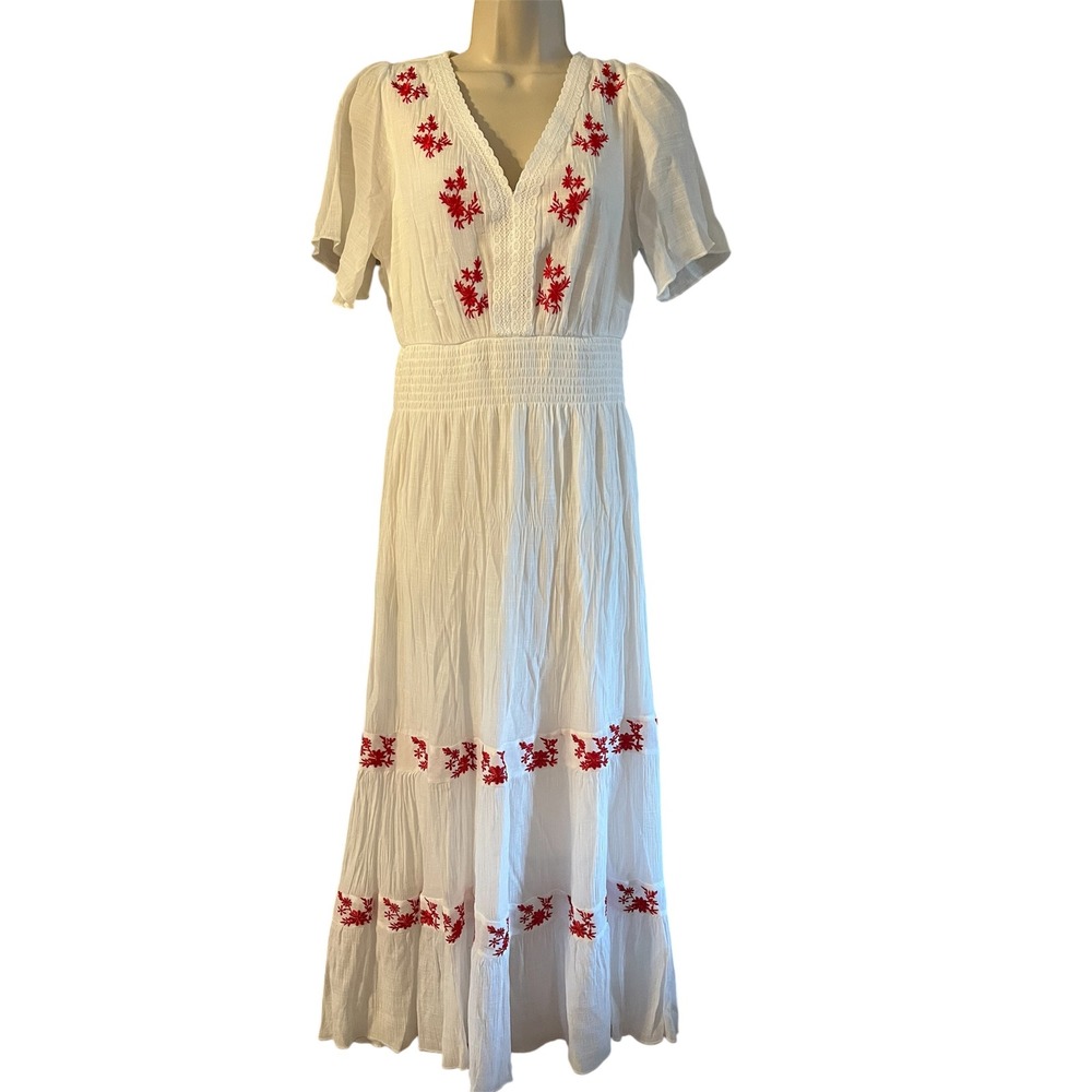 White Boho Floral Embroidered Crinkle Gauze Maxi Dress Smocked Waist Red Flowers
